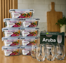 Kit com 15 Potes Herméticos de Vidro + 10 Copos de Vidro Aruba de Brinde